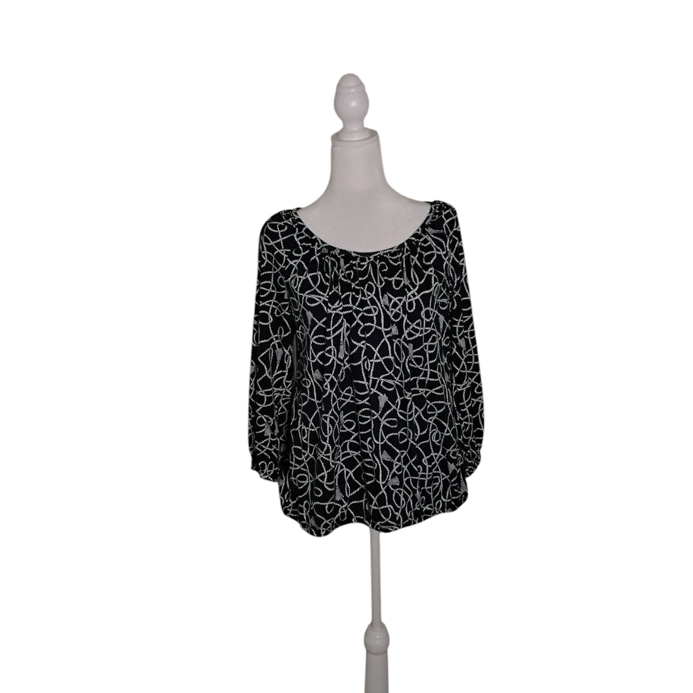 Michael Kors Women's M Navy White Rope Tassel Detail 3/4" Sleeve Pullover Blouse